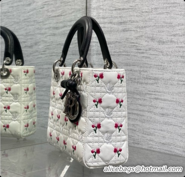 Classic Practical Dior Small Lady Dior Bag in Cannage Lambskin with Doves & Roses Motif Embroidery D090306 White/Black 2