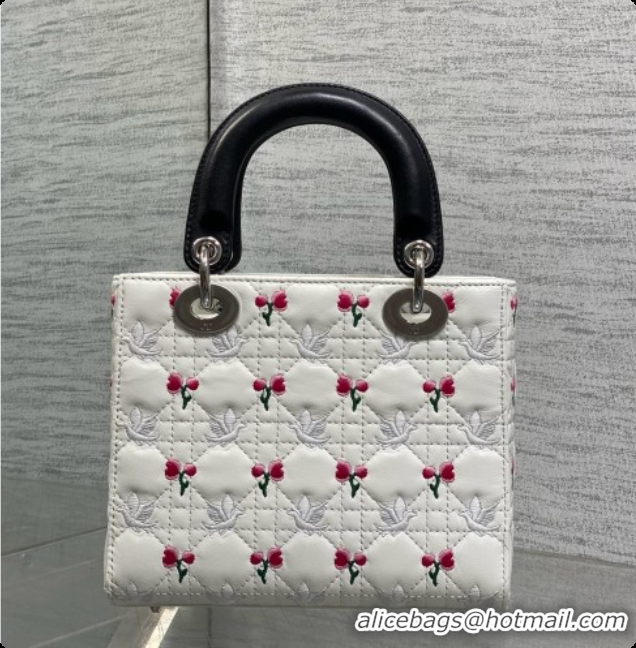 Classic Practical Dior Small Lady Dior Bag in Cannage Lambskin with Doves & Roses Motif Embroidery D090306 White/Black 2