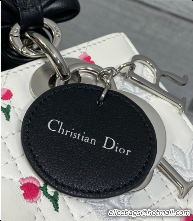 Classic Practical Dior Small Lady Dior Bag in Cannage Lambskin with Doves & Roses Motif Embroidery D090306 White/Black 2