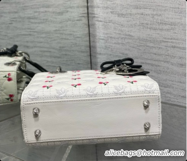 Classic Practical Dior Small Lady Dior Bag in Cannage Lambskin with Doves & Roses Motif Embroidery D090306 White/Black 2