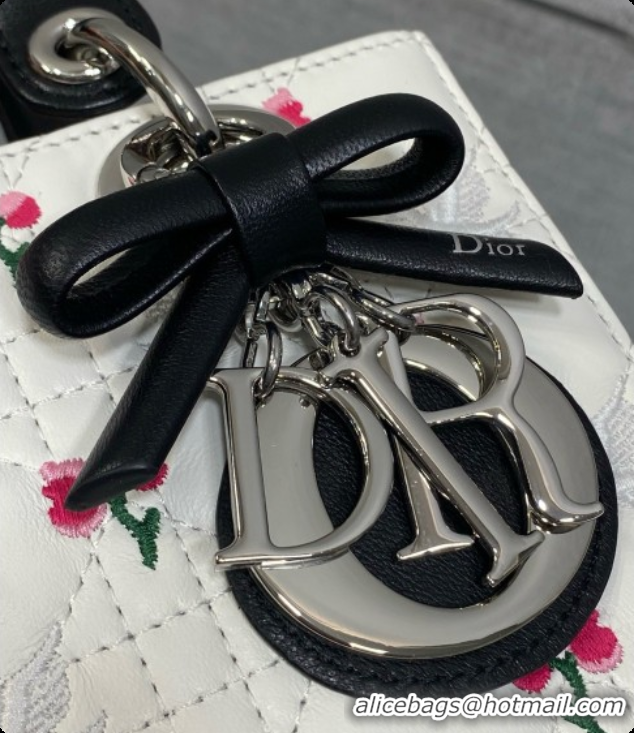 Classic Practical Dior Small Lady Dior Bag in Cannage Lambskin with Doves & Roses Motif Embroidery D090306 White/Black 2