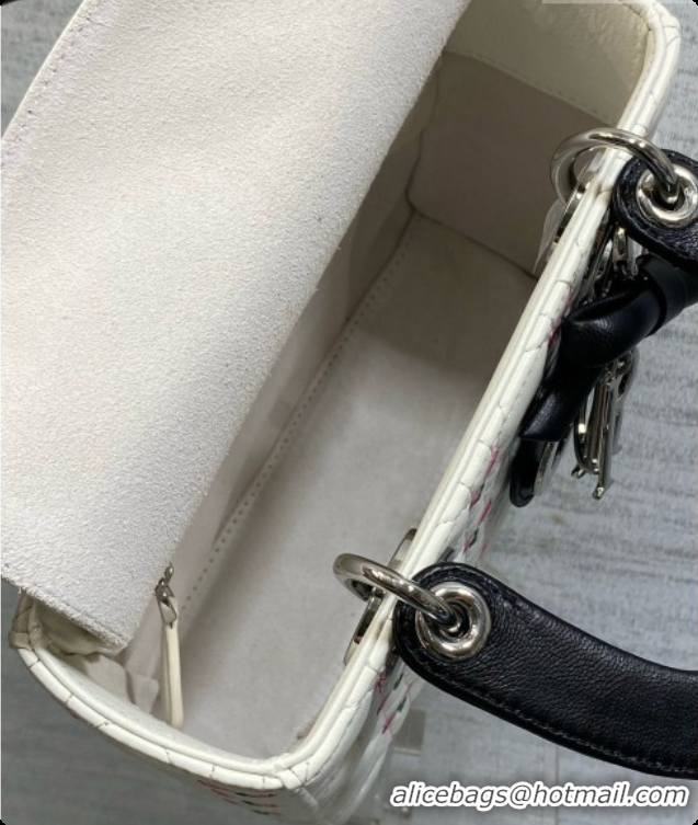 Classic Practical Dior Small Lady Dior Bag in Cannage Lambskin with Doves & Roses Motif Embroidery D090306 White/Black 2