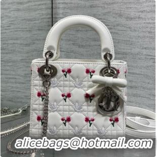 Super Quality Dior Mini Lady Dior Bag in Cannage Lambskin with Doves & Roses Motif Embroidery D090307 White 2026