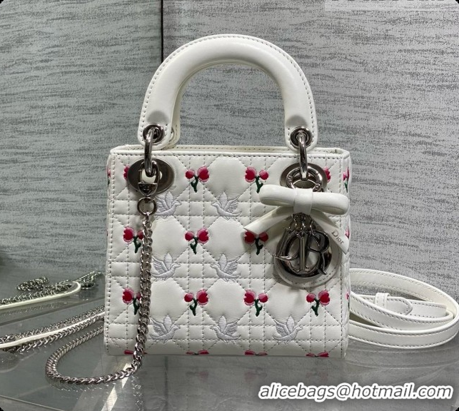 Super Quality Dior Mini Lady Dior Bag in Cannage Lambskin with Doves & Roses Motif Embroidery D090307 White 2026