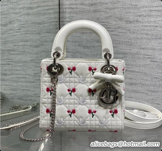 Super Quality Dior Mini Lady Dior Bag in Cannage Lambskin with Doves & Roses Motif Embroidery D090307 White 2026