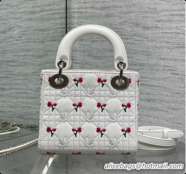 Super Quality Dior Mini Lady Dior Bag in Cannage Lambskin with Doves & Roses Motif Embroidery D090307 White 2026