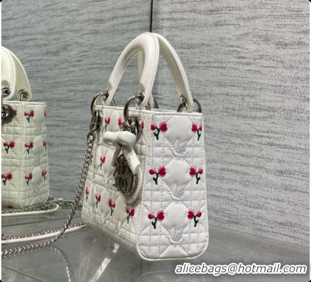 Super Quality Dior Mini Lady Dior Bag in Cannage Lambskin with Doves & Roses Motif Embroidery D090307 White 2026