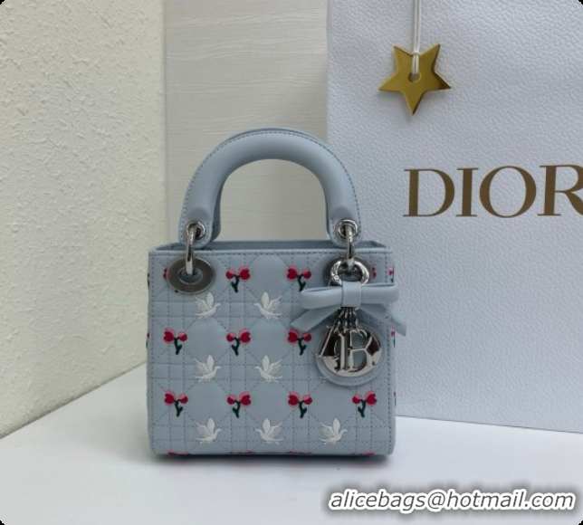 Good Quality Dior Mini Lady Dior Bag in Cannage Lambskin with Doves & Roses Motif Embroidery D090309 Blue Gray 2026