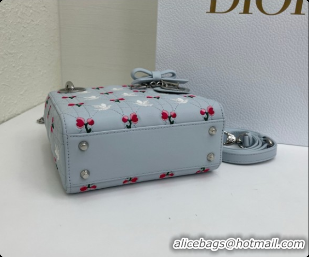 Good Quality Dior Mini Lady Dior Bag in Cannage Lambskin with Doves & Roses Motif Embroidery D090309 Blue Gray 2026
