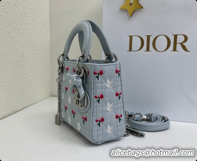 Good Quality Dior Mini Lady Dior Bag in Cannage Lambskin with Doves & Roses Motif Embroidery D090309 Blue Gray 2026