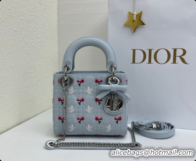 Good Quality Dior Mini Lady Dior Bag in Cannage Lambskin with Doves & Roses Motif Embroidery D090309 Blue Gray 2026