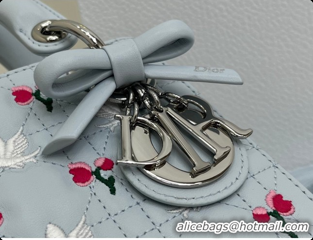 Good Quality Dior Mini Lady Dior Bag in Cannage Lambskin with Doves & Roses Motif Embroidery D090309 Blue Gray 2026