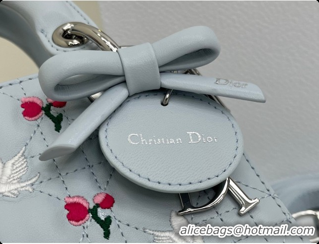 Good Quality Dior Mini Lady Dior Bag in Cannage Lambskin with Doves & Roses Motif Embroidery D090309 Blue Gray 2026