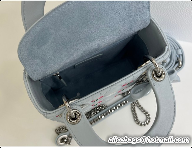 Good Quality Dior Mini Lady Dior Bag in Cannage Lambskin with Doves & Roses Motif Embroidery D090309 Blue Gray 2026