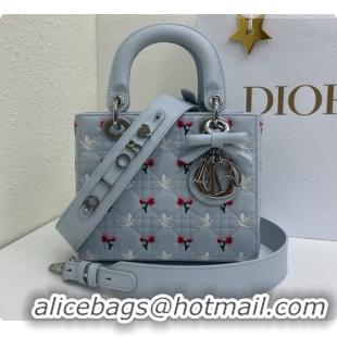 Pretty Style Dior Small Lady Dior Bag in Cannage Lambskin with Doves & Roses Motif Embroidery D090310 Blue Gray 2026