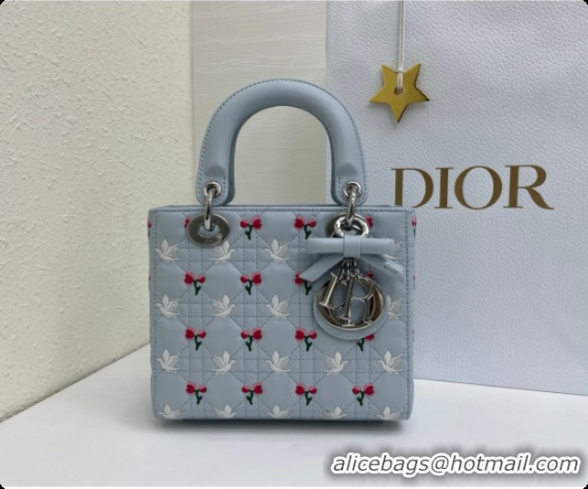 Pretty Style Dior Small Lady Dior Bag in Cannage Lambskin with Doves & Roses Motif Embroidery D090310 Blue Gray 2026