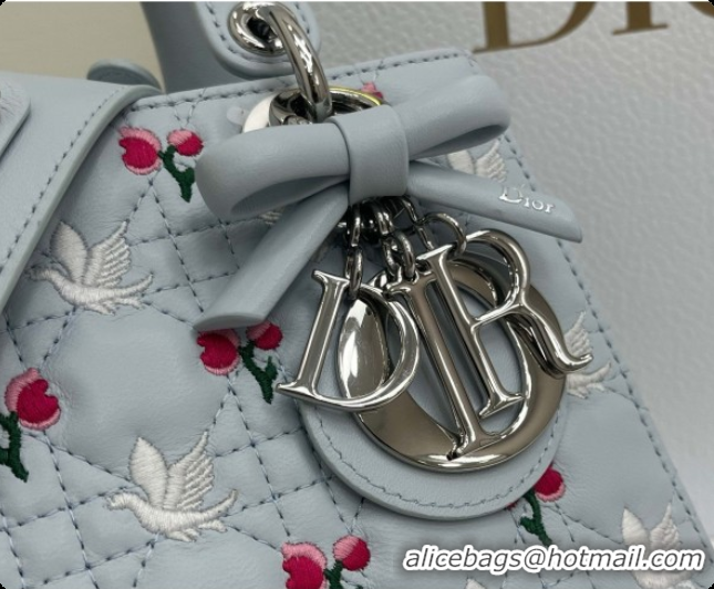 Pretty Style Dior Small Lady Dior Bag in Cannage Lambskin with Doves & Roses Motif Embroidery D090310 Blue Gray 2026