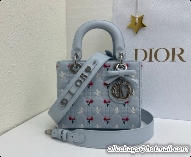 Pretty Style Dior Small Lady Dior Bag in Cannage Lambskin with Doves & Roses Motif Embroidery D090310 Blue Gray 2026