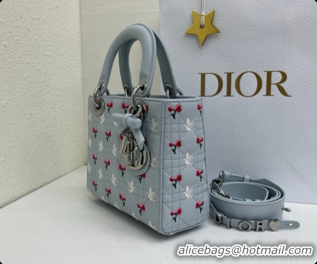 Pretty Style Dior Small Lady Dior Bag in Cannage Lambskin with Doves & Roses Motif Embroidery D090310 Blue Gray 2026