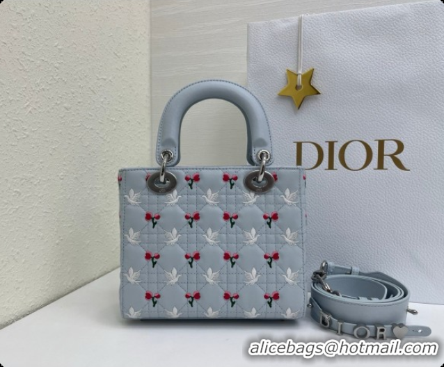 Pretty Style Dior Small Lady Dior Bag in Cannage Lambskin with Doves & Roses Motif Embroidery D090310 Blue Gray 2026