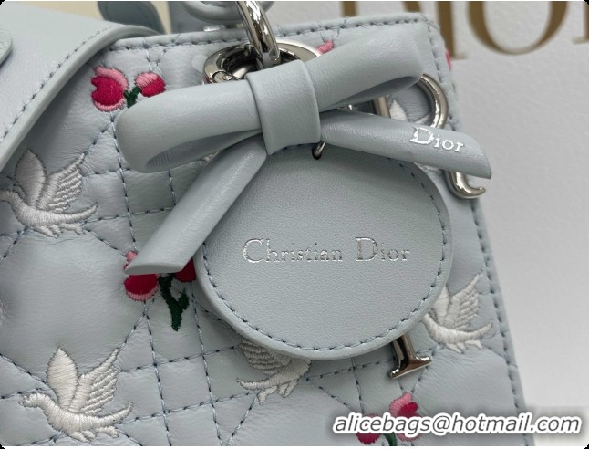 Pretty Style Dior Small Lady Dior Bag in Cannage Lambskin with Doves & Roses Motif Embroidery D090310 Blue Gray 2026
