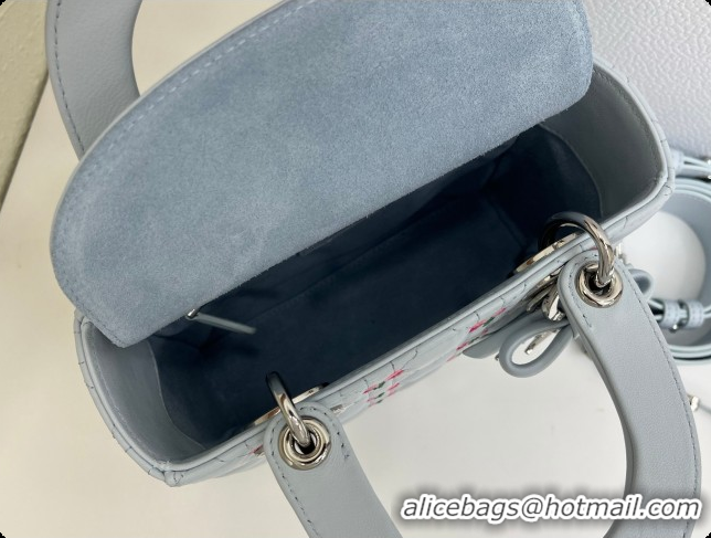 Pretty Style Dior Small Lady Dior Bag in Cannage Lambskin with Doves & Roses Motif Embroidery D090310 Blue Gray 2026