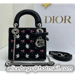 Best Price Dior Mini Lady Dior Bag in Cannage Lambskin with Doves & Roses Motif Embroidery D090311 Black 2026