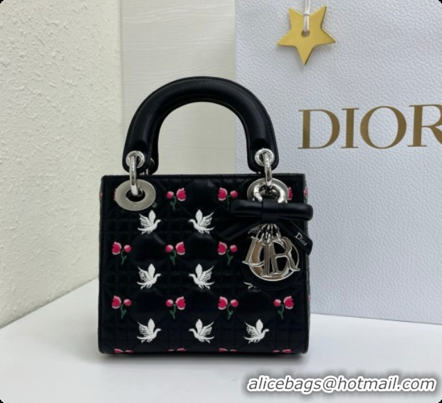 Best Price Dior Mini Lady Dior Bag in Cannage Lambskin with Doves & Roses Motif Embroidery D090311 Black 2026