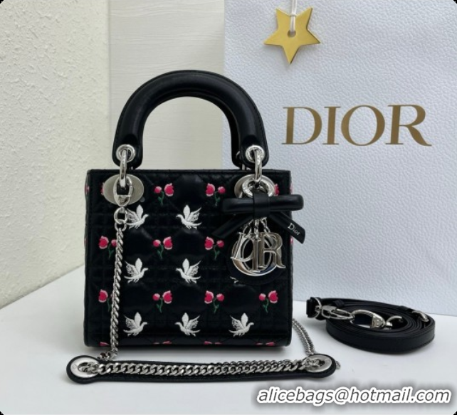 Best Price Dior Mini Lady Dior Bag in Cannage Lambskin with Doves & Roses Motif Embroidery D090311 Black 2026
