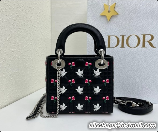Best Price Dior Mini Lady Dior Bag in Cannage Lambskin with Doves & Roses Motif Embroidery D090311 Black 2026