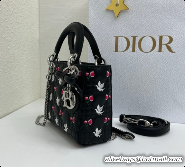 Best Price Dior Mini Lady Dior Bag in Cannage Lambskin with Doves & Roses Motif Embroidery D090311 Black 2026