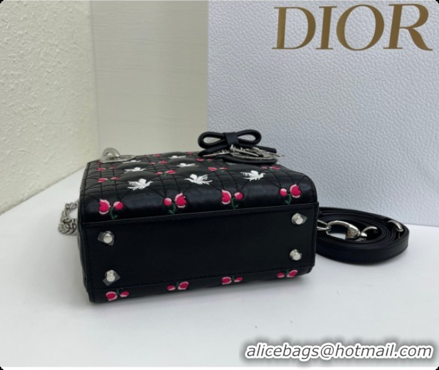 Best Price Dior Mini Lady Dior Bag in Cannage Lambskin with Doves & Roses Motif Embroidery D090311 Black 2026