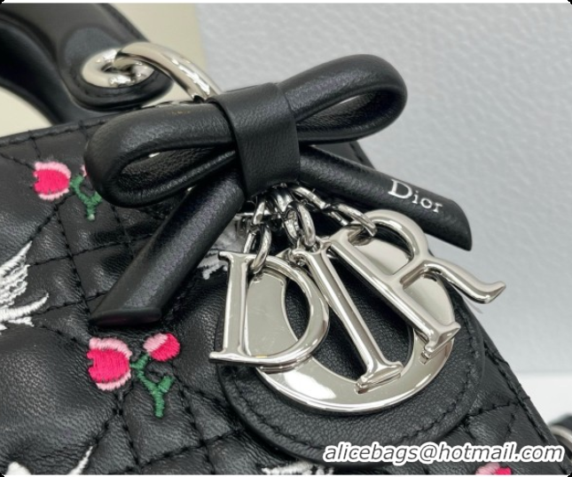 Best Price Dior Mini Lady Dior Bag in Cannage Lambskin with Doves & Roses Motif Embroidery D090311 Black 2026