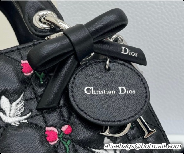 Best Price Dior Mini Lady Dior Bag in Cannage Lambskin with Doves & Roses Motif Embroidery D090311 Black 2026