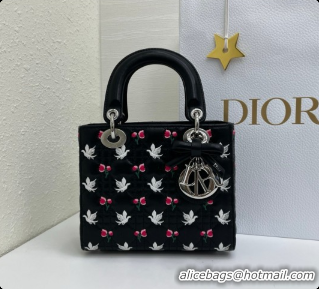 Good Product Dior Small Lady Dior Bag in Cannage Lambskin with Doves & Roses Motif Embroidery D090312 Black 2026