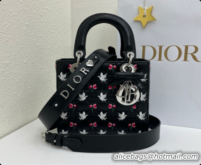 Good Product Dior Small Lady Dior Bag in Cannage Lambskin with Doves & Roses Motif Embroidery D090312 Black 2026