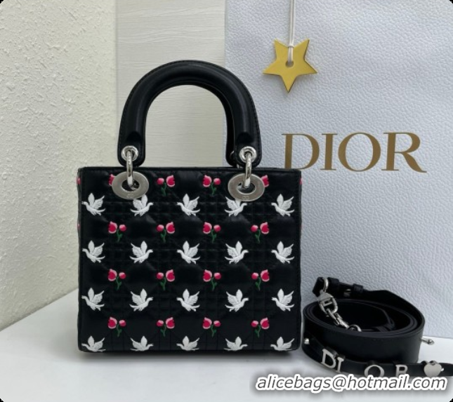 Good Product Dior Small Lady Dior Bag in Cannage Lambskin with Doves & Roses Motif Embroidery D090312 Black 2026