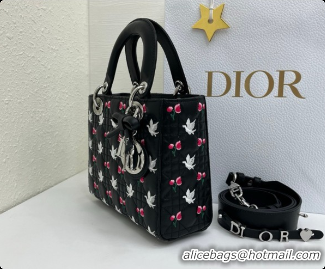 Good Product Dior Small Lady Dior Bag in Cannage Lambskin with Doves & Roses Motif Embroidery D090312 Black 2026