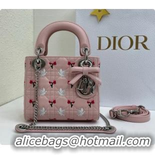 Unique Grade Dior Mini Lady Dior Bag in Cannage Lambskin with Doves & Roses Motif Embroidery D090313 Pink 2026