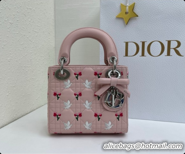 Unique Grade Dior Mini Lady Dior Bag in Cannage Lambskin with Doves & Roses Motif Embroidery D090313 Pink 2026