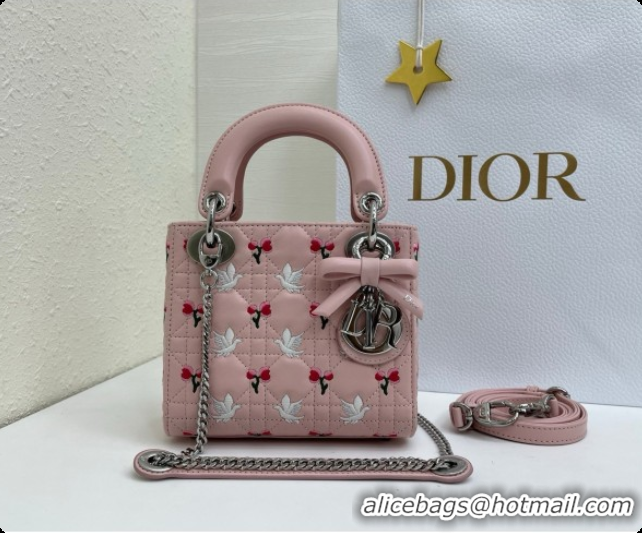Unique Grade Dior Mini Lady Dior Bag in Cannage Lambskin with Doves & Roses Motif Embroidery D090313 Pink 2026