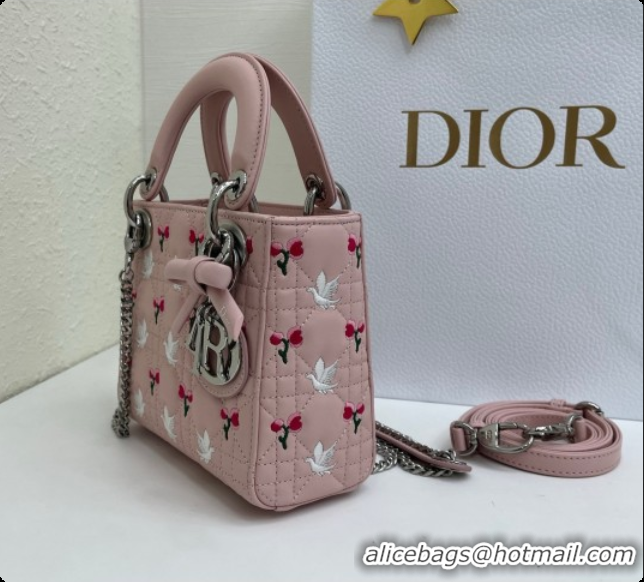 Unique Grade Dior Mini Lady Dior Bag in Cannage Lambskin with Doves & Roses Motif Embroidery D090313 Pink 2026