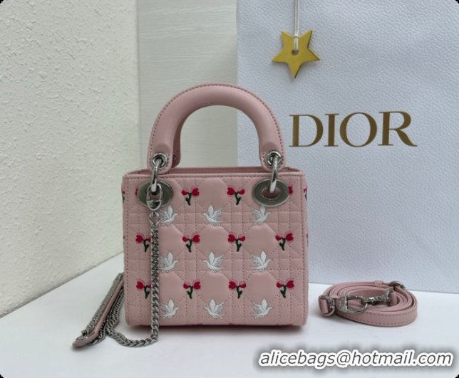 Unique Grade Dior Mini Lady Dior Bag in Cannage Lambskin with Doves & Roses Motif Embroidery D090313 Pink 2026
