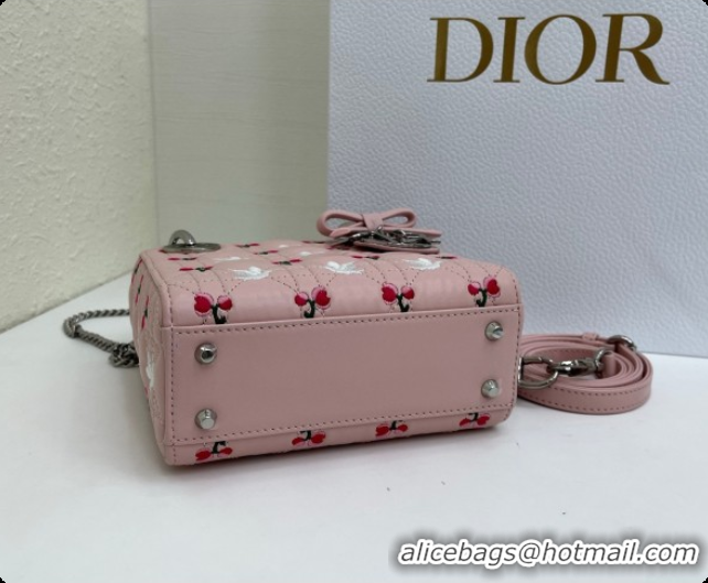 Unique Grade Dior Mini Lady Dior Bag in Cannage Lambskin with Doves & Roses Motif Embroidery D090313 Pink 2026