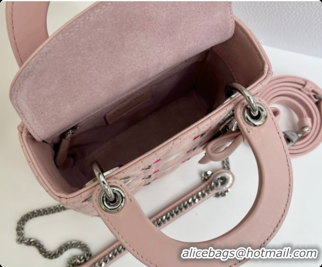 Unique Grade Dior Mini Lady Dior Bag in Cannage Lambskin with Doves & Roses Motif Embroidery D090313 Pink 2026