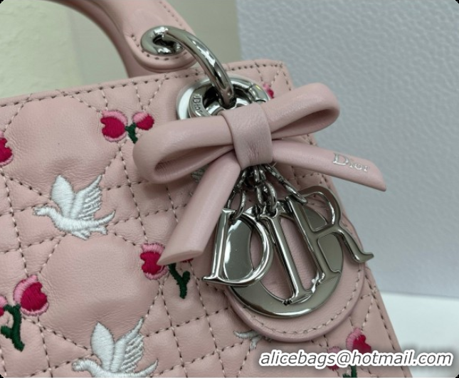 Unique Grade Dior Mini Lady Dior Bag in Cannage Lambskin with Doves & Roses Motif Embroidery D090313 Pink 2026
