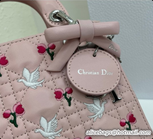 Unique Grade Dior Mini Lady Dior Bag in Cannage Lambskin with Doves & Roses Motif Embroidery D090313 Pink 2026