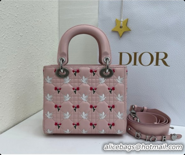 Affordable Price Dior Small Lady Dior Bag in Cannage Lambskin with Doves & Roses Motif Embroidery D090314 Pink 2026
