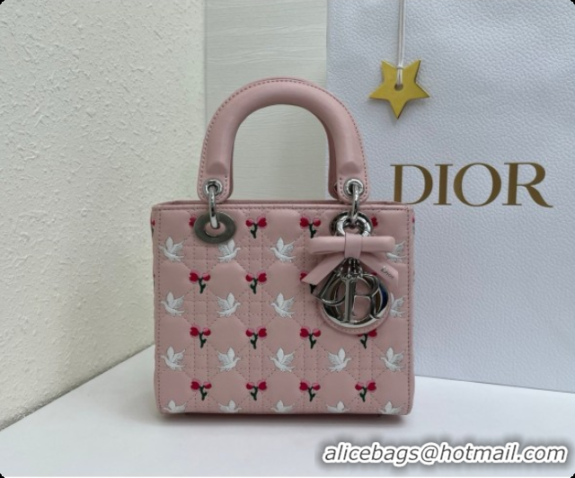 Affordable Price Dior Small Lady Dior Bag in Cannage Lambskin with Doves & Roses Motif Embroidery D090314 Pink 2026