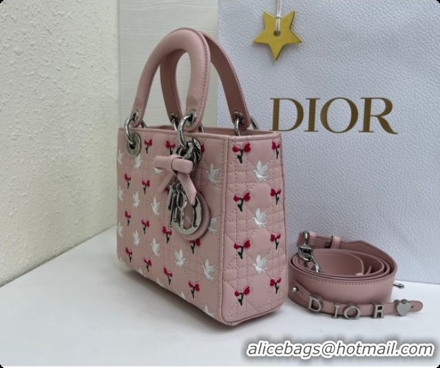 Affordable Price Dior Small Lady Dior Bag in Cannage Lambskin with Doves & Roses Motif Embroidery D090314 Pink 2026